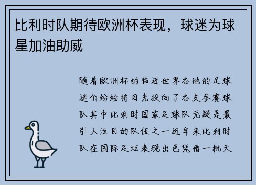 比利时队期待欧洲杯表现，球迷为球星加油助威